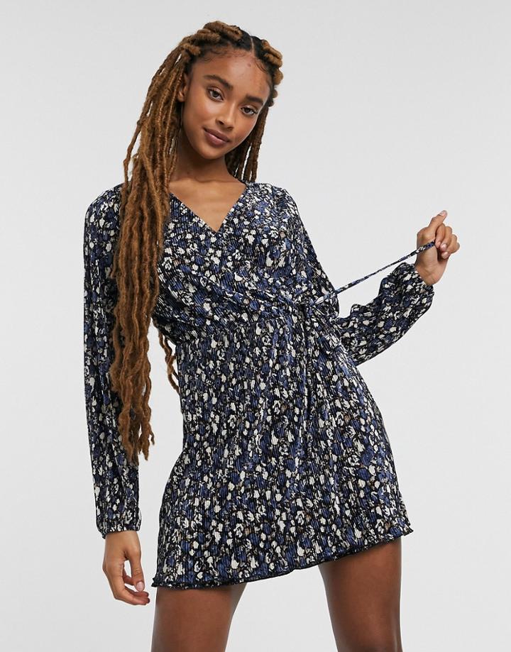 Pull & Bear Plisse Wrap Dress In Floral-multi