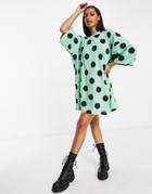 Asos Design Oversized T-shirt Dress In Large Green And Black Polkadot