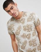Solid Slub T-shirt With Tropical Floral Print - Tan