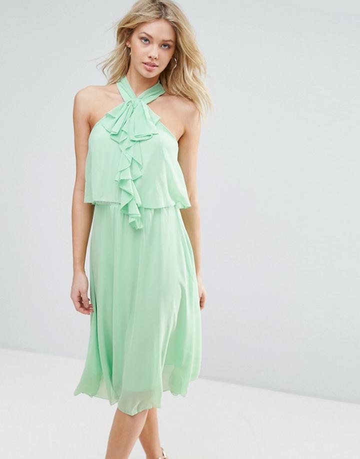 Zibi London Halterneck Ruffle Front Skater Dress - Green