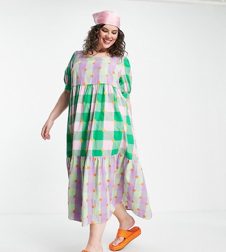 Collusion Plus Mixed Gingham Smock Dress With Embroidery In Multi