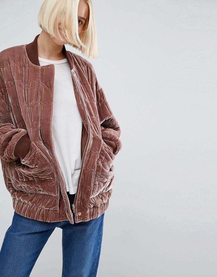 Asos White Quilted Velvet Bomber Jacket - Brown