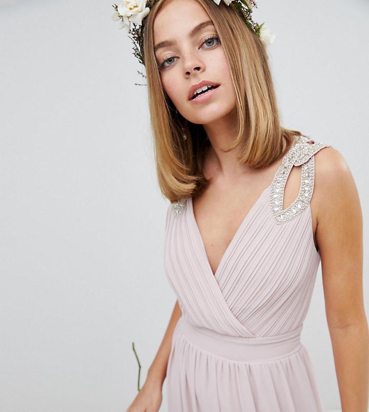 Tfnc Petite Wrap Front Maxi Bridesmaid Dress With Embellished Shoulder-brown