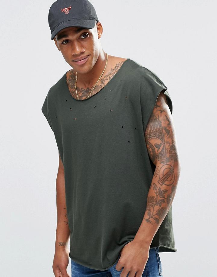 Asos Super Oversized Sleeveless T-shirt With Scoop Neck And Distressing - Army Green