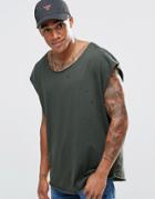 Asos Super Oversized Sleeveless T-shirt With Scoop Neck And Distressing - Army Green