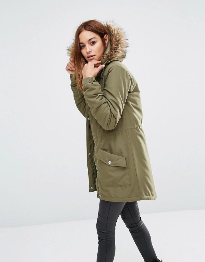 Noisy May Festival Faux Fur Parka - Ivy Green