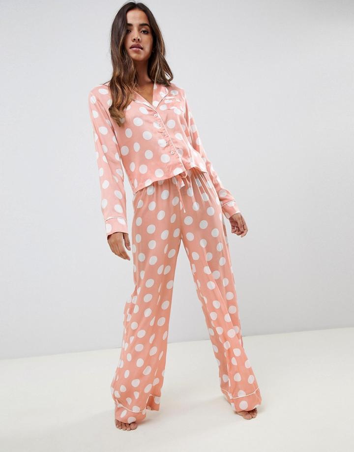 Asos Design Polka Dot Pyjama Shirt And Wide Leg Set 100% Modal-pink