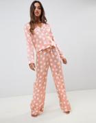 Asos Design Polka Dot Pyjama Shirt And Wide Leg Set 100% Modal-pink