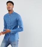 Asos Tall Slim Stretch Denim Shirt In Mid Wash - Blue