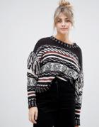 Pull & Bear Patterned And Striped Sweater With Fringe - Black