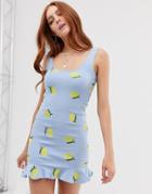 Asos Design Embroidered Rib Mini Dress With Frill Hem - Blue