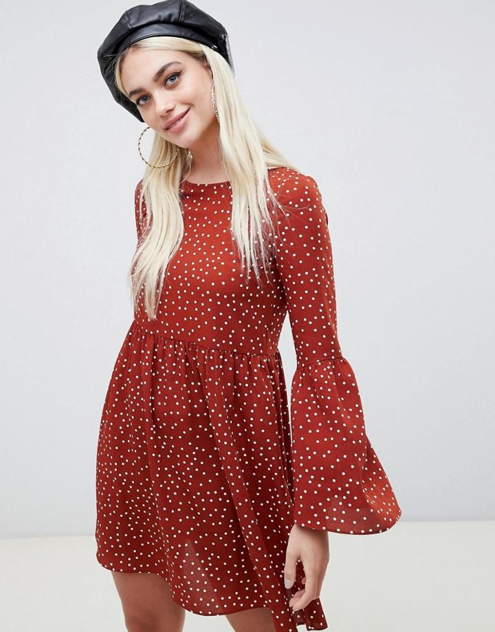 Asos Design Fluted Sleeve Smock Mini Dress In Polka Dot-multi