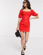 Moon River Ruched Puff Shoulder Bodycon Mini Dress In Red-orange