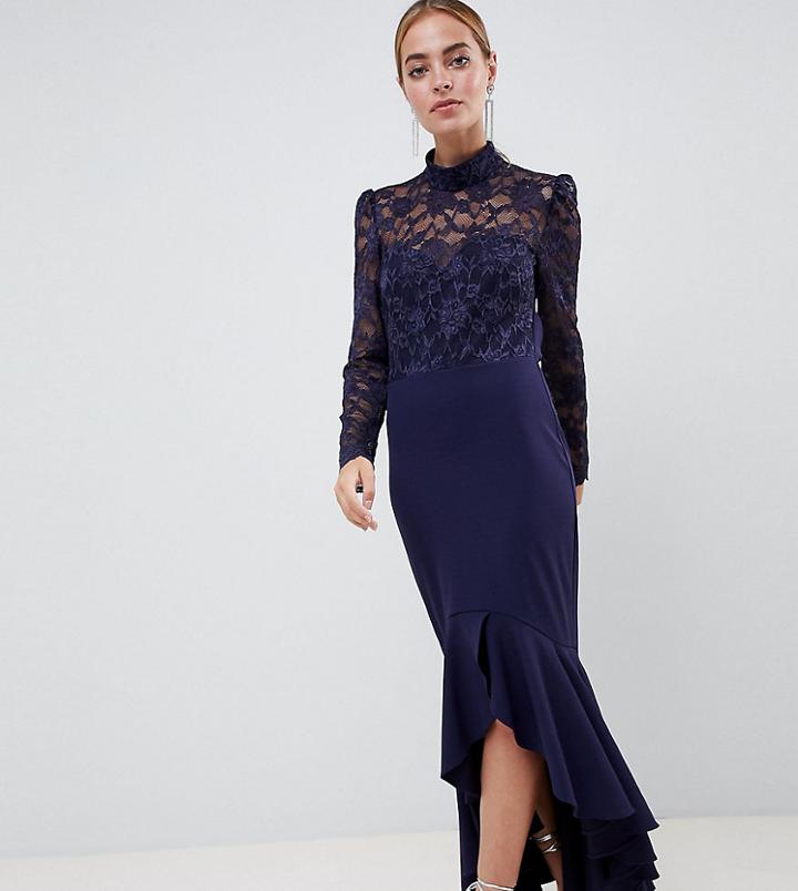 City Goddess Petite Long Sleeve High Neck Fishtail Maxi Dress With Lace Detail - Navy