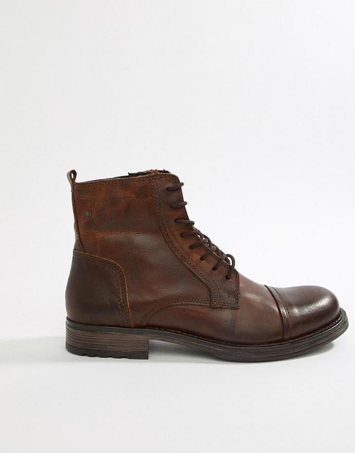 Jack & Jones Leather Boot With Side Zip - Brown