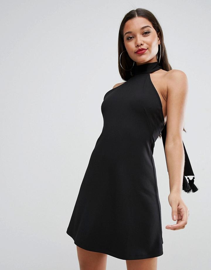 Asos High Neck Tassel Back Swing Mini Dress - Black