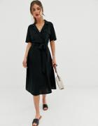 Asos Design Midi Belted Shirt Dress In Slub - Black