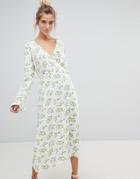 Asos Design Wrap Maxi Dress With Long Sleeves In Ditsy Floral-multi