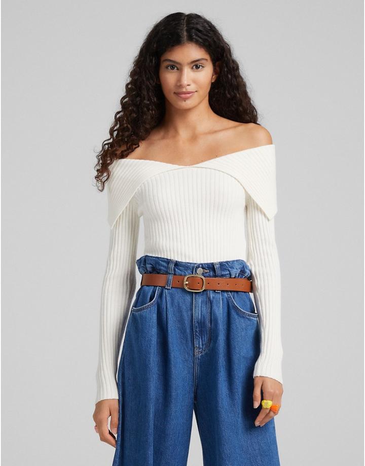 Bershka Off The Shoulder Knit Sweater In Cream-white