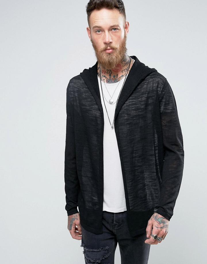 Asos Knitted Hooded Cardigan In Sheer Yarn - Black