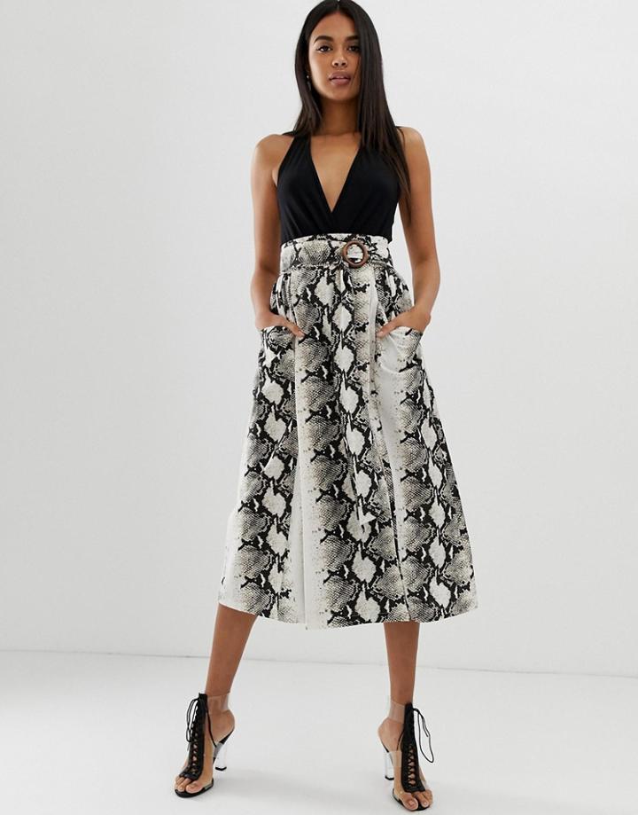 Asos Design Wrap Midi Skirt With Wooden Buckle And Pockets In Snake Print - Multi