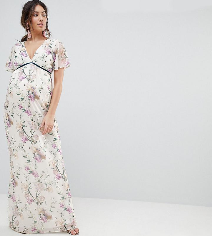 Hope & Ivy Maternity Printed Fluted Sleeve Maxi Dress With Velvet Trim - Multi