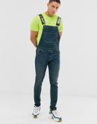 Asos Design Skinny Denim Overalls With Neon Stitch And Printed Straps