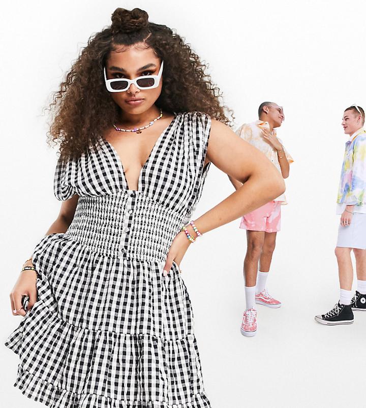 Asos Design Curve Shirred Waist Button Front Tiered Mini Sundress In Crinkle In Gingham-multi
