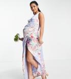 Liquorish Maternity Bridesmaid Satin Wrap Front Maxi Dress With Wrap Skirt In Placement Floral-multi