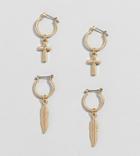 Uncommon Souls 2 Pack Earrings In Cross And Feather - Gold
