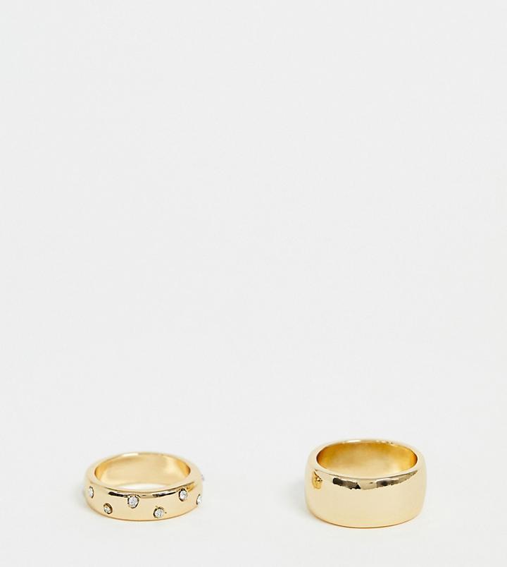 Asos Design Curve Pack Of 2 Rings With Thick Band Design In Plain And Crystal In Gold