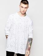 Asos Longline Long Sleeve T-shirt With Splatter Print In White - White