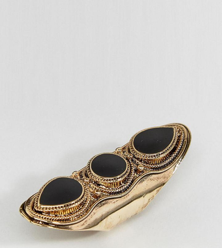 Sacred Hawk Black Stone Long Finger Ring - Gold