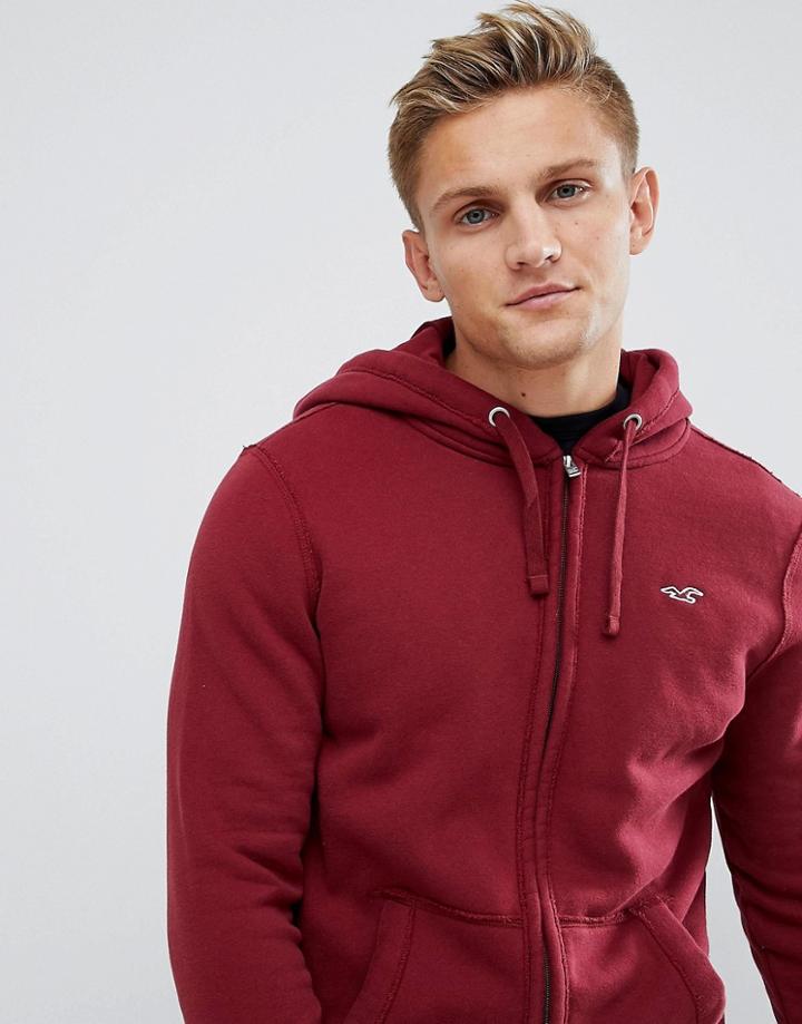 Hollister Icon Logo Full Zip Hoodie In Burgundy - Red