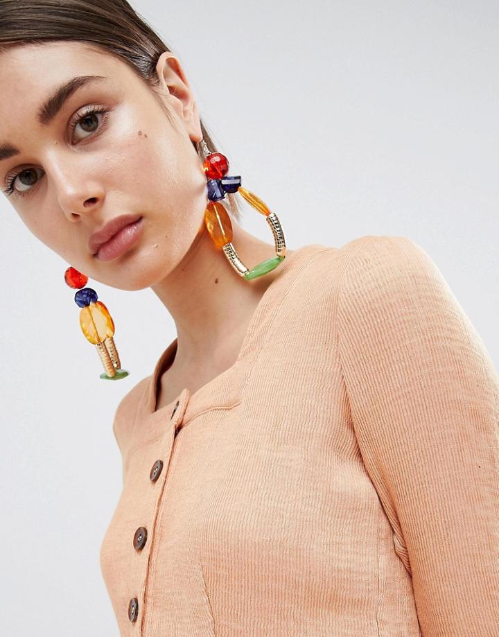 Asos Design Statement Jewel Bead Loop Earrings - Multi
