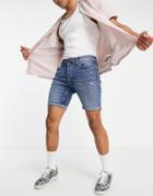 Jack & Jones Intelligence Ripped Denim Shorts In Slim Fit Mid Blue-blues