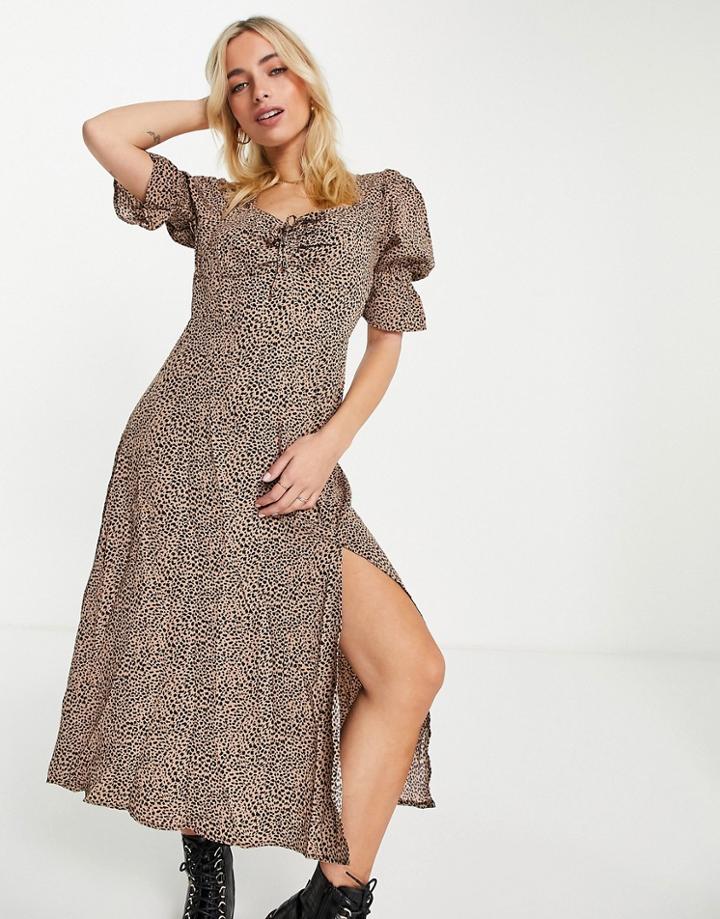 In The Style X Olivia Bowen Milkmaid Maxi Dress In Brown Leopard Print-multi