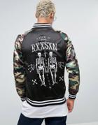 Reason Embroidered Souvenir Bomber Jacket With Camo Sleeves - Black