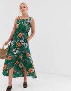 Qed London High Low Midi Dress In Tropical Floral Print-green