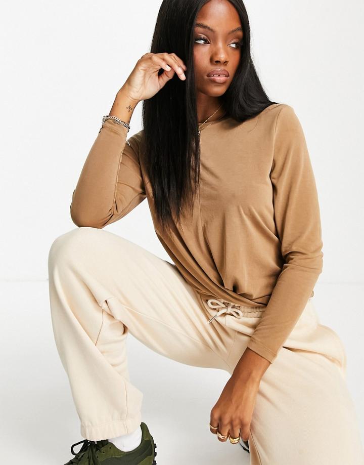 Only Free Life Long Sleeve Twist Front Jersey Top In Brown
