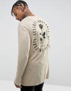Asos Super Longline Long Sleeve T-shirt With Rose Back Print And Acid Wash - Gray