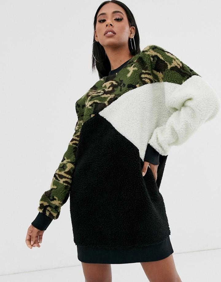 Asos Design Borg Sweat Dress With Patch Camo Print-multi
