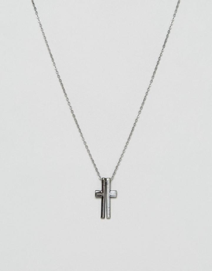 Asos Cross Pendant Necklace In Mixed Metals - Silver