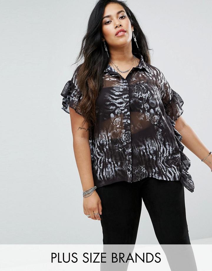 Religion Plus Short Sleeve Shirt With Ruffle Sides In Animal Floral - Multi
