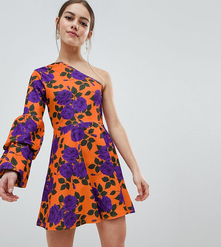 Asos Design Petite One Shoulder Mini Skater Dress With Double Bubble Sleeve - Multi
