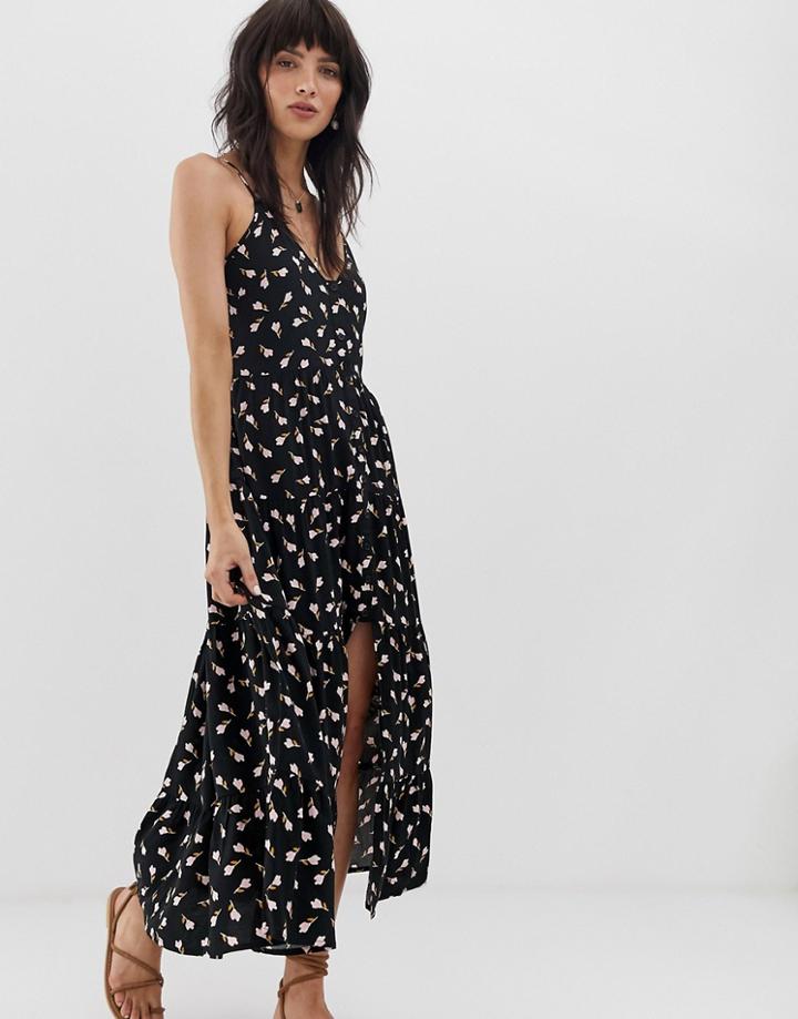 Band Of Gypsies Button Front Tiered Maxi Dress In Black Floral Print - Black