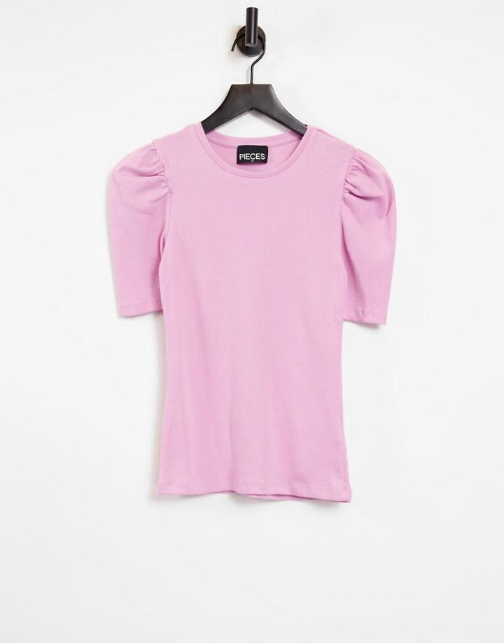 Pieces Volume Sleeve T-shirt In Pink-purple