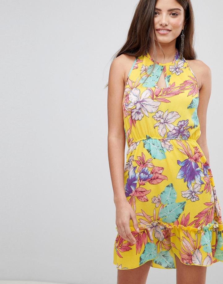 Prettylittlething Floral Haterneck Skater Dress - Yellow