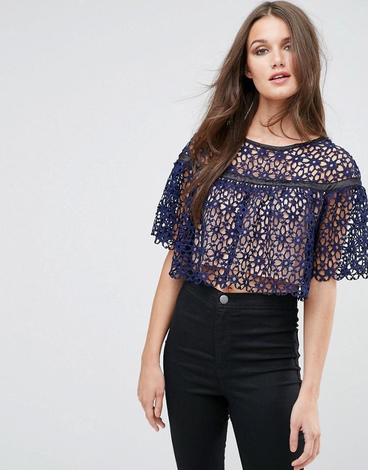 Zibi London Crochet Lace Top With Contrast Lining - Navy