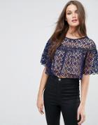 Zibi London Crochet Lace Top With Contrast Lining - Navy